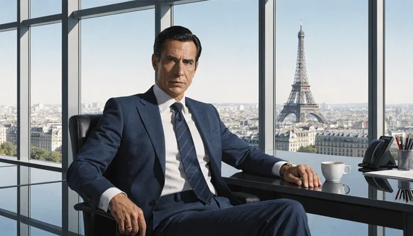 Homme d'affaires d'une cinquantaine d'années en costume-cravate, assis à un bureau dans un immeuble moderne avec vue panoramique sur Paris, regard confiant et déterminé, portrait en plan américain