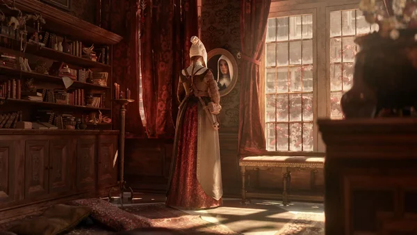 Concept art de 1666: Amsterdam montrant un personnage féminin d'époque devant un miroir dans un cabinet de curiosités.