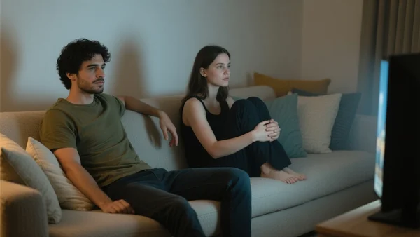 Jeune femme et jeune homme assis côte àôte sur un canapé, regardant une série sur un écran de télévision, dans un salon douillet avec des coussins et une lumière tamisée, ambiance détendue et complice