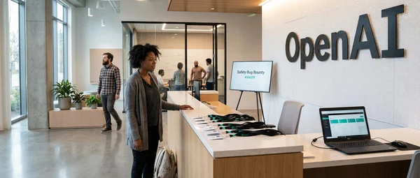 Bureau d'OpenAI avec l'écran 'Safety Bug Bounty', illustrant le programme de prime aux bugs