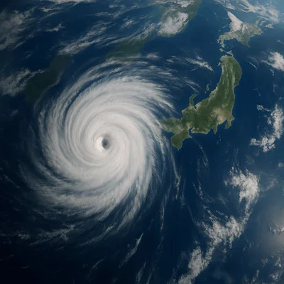 Image satellite d'un puissant typhon au large du Japon, montrant l'œil du cyclone et ses bandes nuageuses.