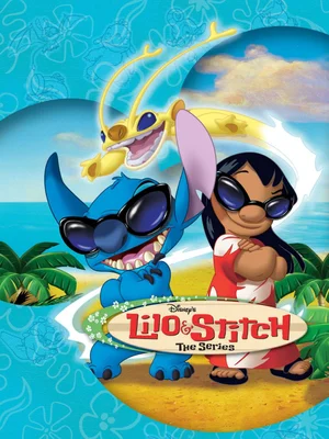 Affiche promotionnelle de la série animée Lilo & Stitch, avec Lilo, Stitch et Sparky.