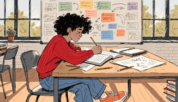 Salle de classe lumineuse avec des élèves binationaux travaillant en groupe sur une table, tableau blanc en arrière-plan, fenêtres donnant sur des arbres
