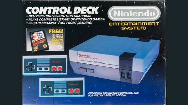 Packaging de la NES avec une copie de Super Mario Bros., symbole de l'âge d'or du jeu vidéo.