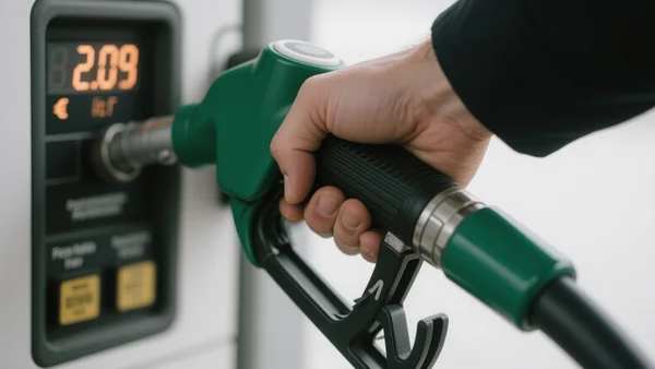 Gros plan sur une pompe à essence affichant un prix de plus de 2 euros par litre, main d'un conducteur tenant le pistolet, ambiance tendue