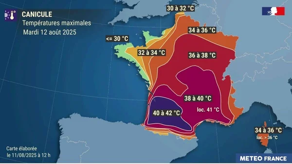 Carte des températures maximales en France pour le mardi 12 août 2025, montrant des pointes au-dessus de 40°C dans plusieurs régions.