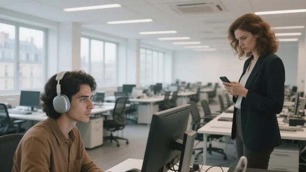 Plan large d'un open space moderne à Paris, avec des rangées de bureaux alignés, des employés concentrés sur leurs écrans, certains portant des casques antibruit, d'autres interrompus par un collègue ou une notification sur leur téléphone. L'ambiance est tendue et fragmentée, traduisant la difficulté à se concentrer dans un environnement de travail bruyant.