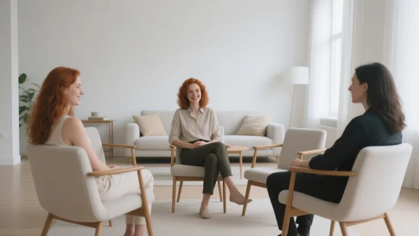 Personne assise au milieu d'un cercle de chaises dans un salon, les autres personnes autour discutent, la personne au centre a une posture détendue et un sourire confiant, plan large sur la scène sociale
