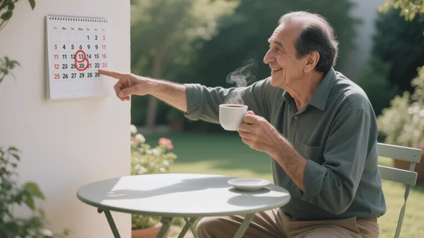 Une personne âgée souriante tenant une tasse de café dans un jardin ensoleillé, montrant un calendrier sur le mur avec une date entourée en rouge