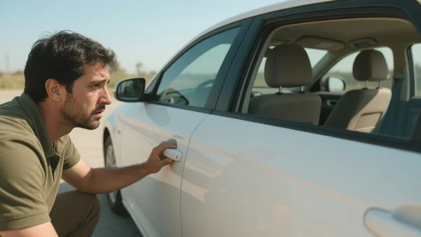 Père accroupi à côté d'une voiture garée en plein soleil, main sur la poignée de la portière arrière, regard inquiet vers la banquette arrière où l'on distingue un siège-auto vide, vue de côté, intention éditoriale : illustrer le drame de l'oubli d'enfant en voiture, ton grave et préventif