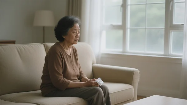 Femme d'une cinquantaine d'années assise seule sur un canapé dans un salon calme, regard pensif tourné vers une fenêtre, main serrant un mouchoir, atmosphère introspective et lourde de non-dits