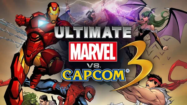 Affiche promotionnelle d'Ultimate Marvel vs. Capcom 3 avec Iron Man, Spider-Man et Morrigan.
