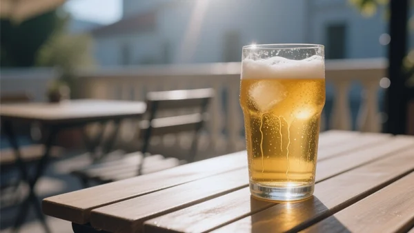 Gros plan sur un verre de bière glacée, de la condensation coule sur les parois, posé sur une table en bois à l'extérieur, arrière-plan flou d'une terrasse de café sous un soleil éclatant. L'image doit communiquer l'attrait trompeur d'une boisson fraîche par forte chaleur, avec un ton à la fois séduisant et inquiétant.