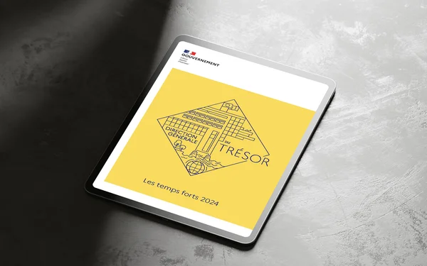 Tablette affichant le document 'Les temps forts 2024' de la Direction générale du Trésor.