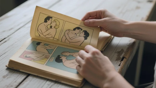 Plan serré sur des mains feuilletant une bande dessinée ancienne aux pages jaunies, avec des cases montrant des corps enlacés dans un style ligne claire, posée sur une table en bois. L’image doit évoquer la nostalgie et le caractère confidentiel du genre.
