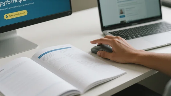Capture d'écran partielle du site python.org montrant le bouton de téléchargement, avec une main sur une souris d'ordinateur prête à cliquer, sur un bureau où repose un guide papier ouvert