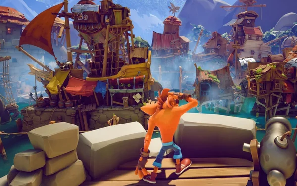 Crash Bandicoot dans un village pirate dans Crash Bandicoot 4: It's About Time.