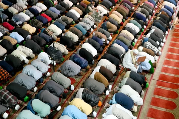 Fidèles musulmans priant en rang dans une mosquée, une pratique associée à l'appel à la prière que le Danemark veut interdire.
