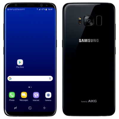 Le Samsung Galaxy S8 noir vu de face et de dos, montrant l'interface d'accueil et le module photo arrière.