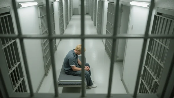 Vue plongeante d'un couloir de prison avec des barreaux métalliques et une lumière crue, cellules alignées, atmosphère oppressante