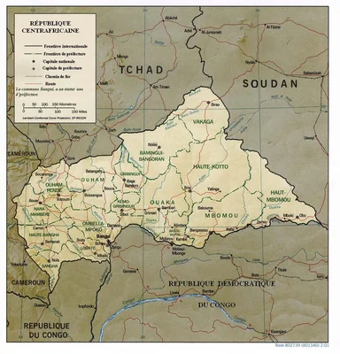 Carte de la République centrafricaine illustrant ses divisions administratives et ses principaux axes.