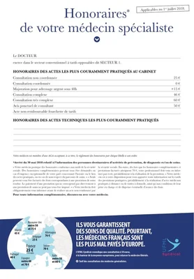 Affiche obligatoire des honoraires d'un spécialiste français et comparaison européenne.