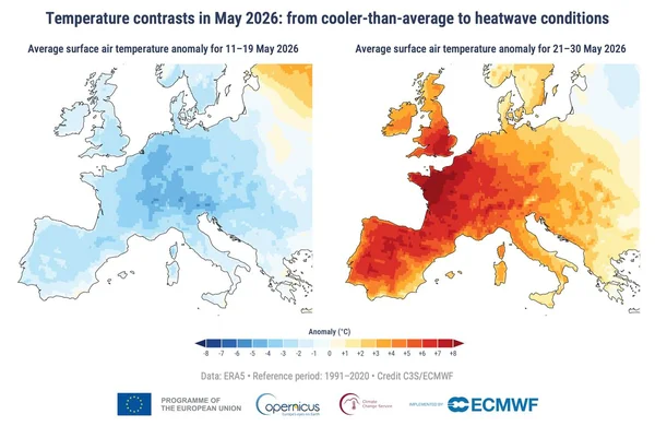 Carte des anomalies de température en Europe en mai 2026, montrant le contraste entre la première quinzaine plus fraîche et la canicule de la seconde quinzaine.