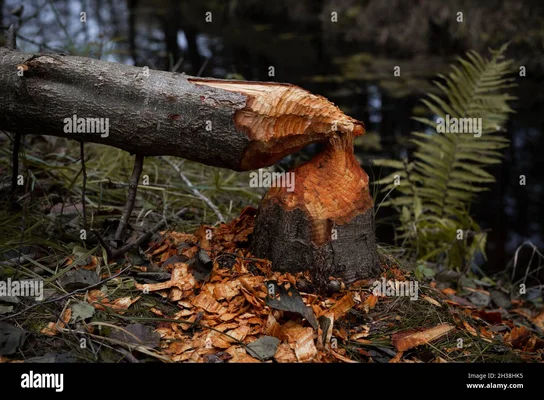 Souche d'arbre rongée par un castor, copeaux de bois autour.