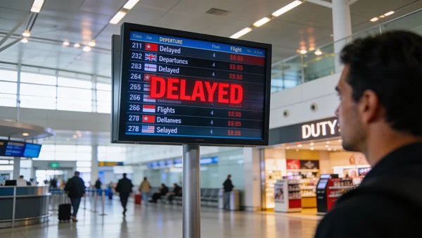 Vue d'un tableau d'affichage d'aéroport affichant plusieurs vols avec statuts retardés en rouge, passagers flous regardant l'écran, hall moderne éclairé