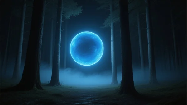 Sphère lumineuse bleutée flottant entre les troncs d'arbres dans une forêt sombre, nuit noire, brume légère au sol, lumière froide et mystérieuse