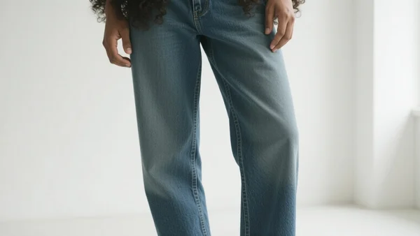Gros plan sur les jambes d'une personne portant un jean brut en denim, debout dans un intérieur lumineux, le tissu est épais et la coupe droite, l'ambiance est sobre et authentique, l'intention est d'illustrer la durabilité et la qualité du jean 1083 made in France.