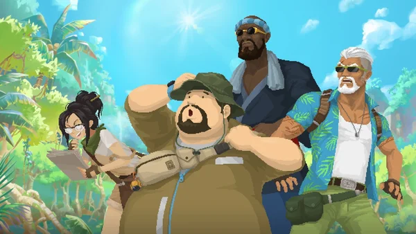Illustration en pixel art de quatre personnages dans un environnement de jungle, dont un homme au premier plan portant un chapeau de safari et un gilet, se protégeant les yeux du soleil.