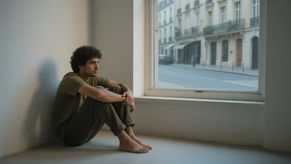 Jeune homme assis seul dans un studio exigu avec vue sur une rue calme et des immeubles cossus, éclairage tamisé, expression pensive