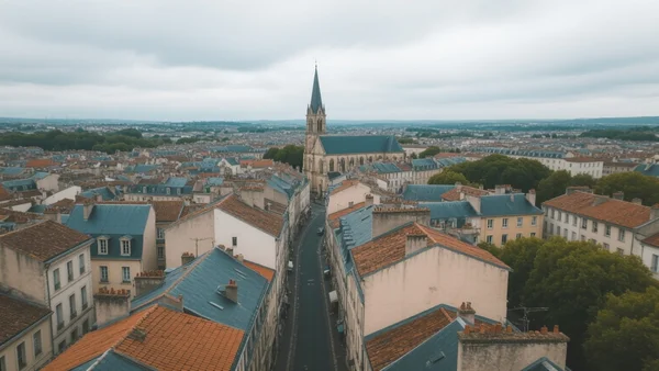 Vue aérienne d'une ville française avec des immeubles et des toits, ciel nuageux, ambiance urbaine
