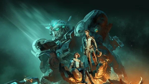 Deux pilotes et un mecha endommagé dans une illustration de Gundam Rogue Orbit.