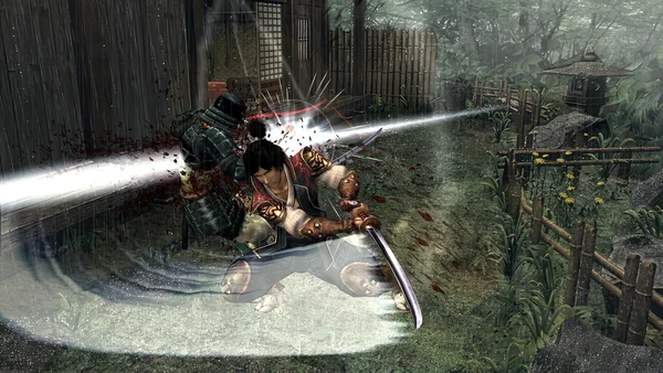 Capture d'écran d'Onimusha illustrant un combat dynamique sous la pluie.