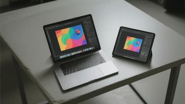 MacBook Pro et iPad Pro côte à côte sur un bureau moderne, écrans allumés affichant des applications créatives, vue en plongée. L'image doit communiquer le caractère haut de gamme et désormais très coûteux des produits Apple, avec un ton sobre et un peu inquiétant.