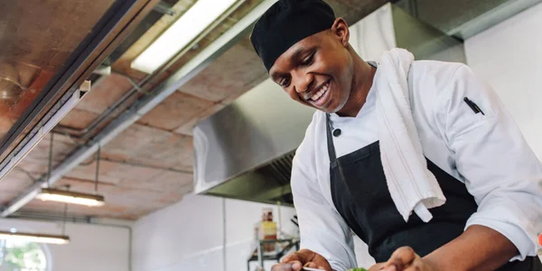 Chef souriant en cuisine professionnelle, illustrant le secteur de la restauration.
