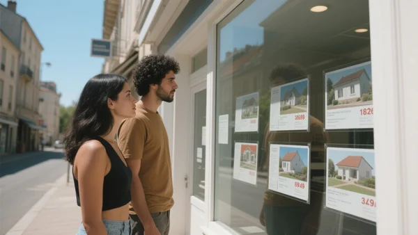 Jeune couple debout devant une agence immobilière en France, regardant une vitrine avec des annonces de maisons, rue animée ensoleillée