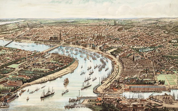 Vue cavalière de Bordeaux en 1899, lithographie de Hugo d'Alesi, montrant un port animé.