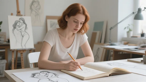 Plan moyen d’une autrice dans un atelier lumineux, assise à une table à dessin, un carnet ouvert devant elle avec des croquis au crayon de personnages féminins enlacés ; elle tient un crayon, le regard concentré sur son travail. L’image doit transmettre la créativité et l’affirmation du regard féminin dans la BD érotique contemporaine.