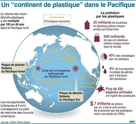 Infographie sur le « continent de plastique » du Pacifique, montrant les courants et l'ampleur de la pollution.