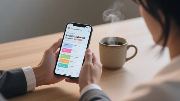 Deux mains tenant un smartphone affichant un comparateur d'assurances, sur un bureau avec une tasse de café