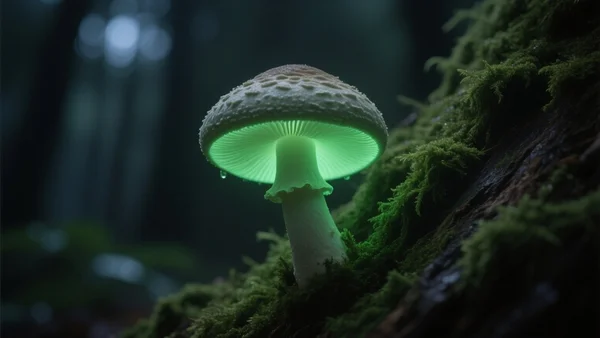 Gros plan d'un champignon luminescent sur un tronc moussu dans une forêt, lueur verte diffuse, ambiance nocturne tamisée, macro photographie