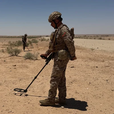 Soldats israéliens utilisant des détecteurs de métaux dans le désert irakien lors d'opérations de recherche.