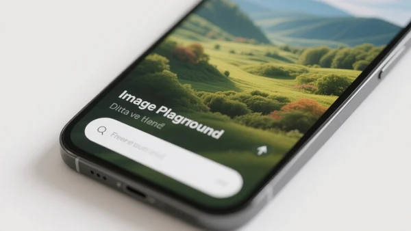 Interface d'Image Playground sur iPhone montrant un champ de saisie libre avec une image générée de fond d'écran paysage, couleurs vives et design épuré