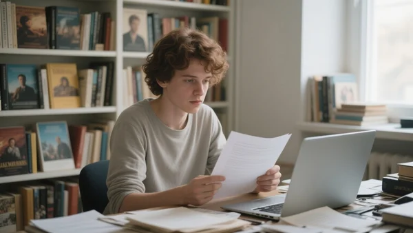 Jeune scénariste assis à un bureau encombré, feuilletant un script papier tout en consultant un ordinateur portable, bibliothèque de livres de cinéma en arrière-plan, lumière naturelle de fin d'après-midi