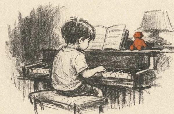 Illustration au crayon d'un enfant au piano, évoquant l'univers enfantin de Coralie Clément.