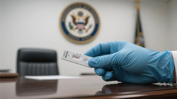 Plan serré d'un test salivaire tenu par une main gantée, avec un badge officiel flou en arrière-plan, sur un bureau gouvernemental. L'image doit transmettre un sentiment de contrôle administratif et de secret.