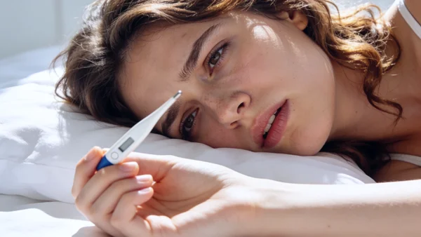 Jeune femme allongée sur un lit, tenant un thermomètre, regard fatigué, chambre calme avec lumière douce du matin